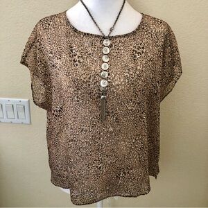 Express Brown Leopard-Print Short Sleeve Sheer Blouse